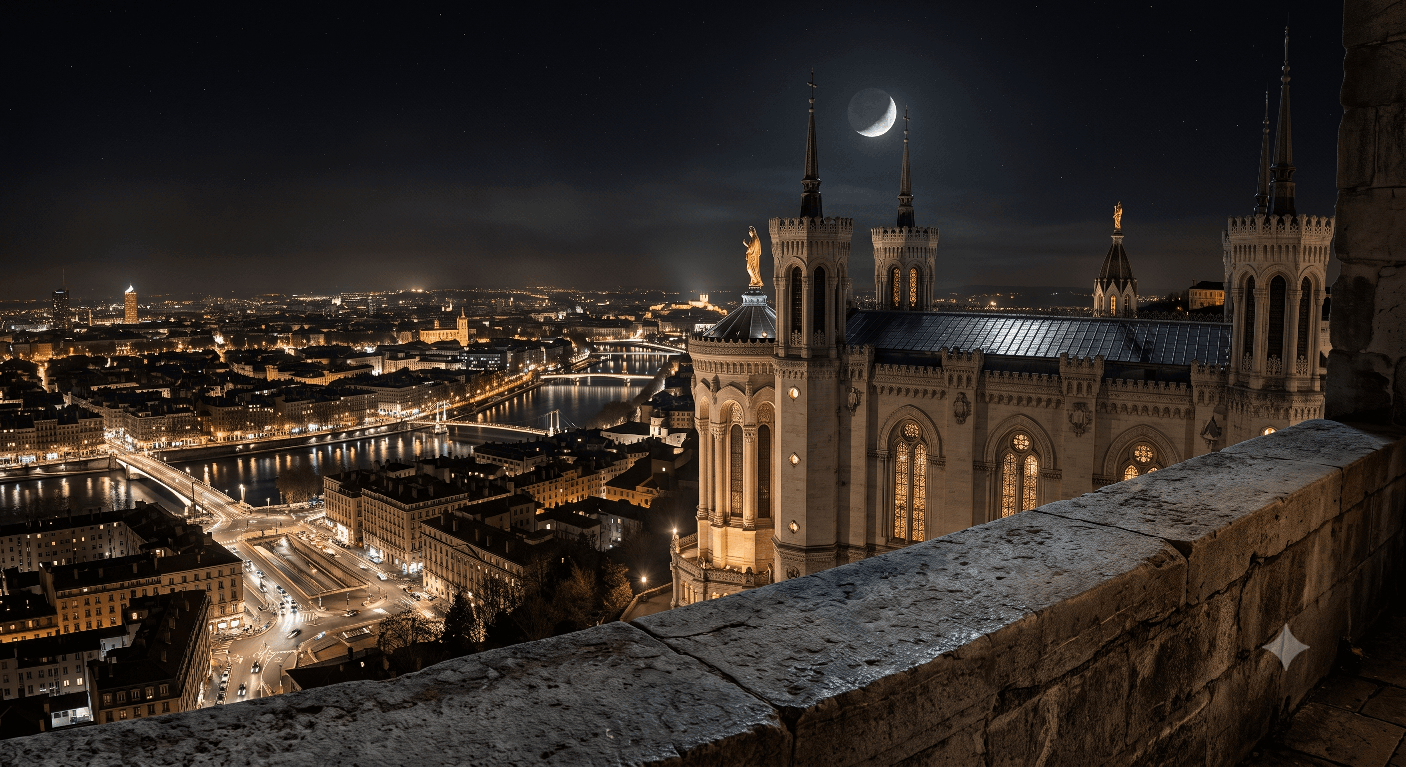 Vue panoramique de Notre-Dame de Fourvière de nuit